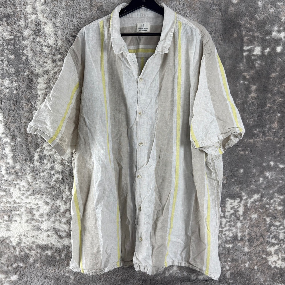 Mutual‎ Weave Size 4XLT Linen Blend Striped Casual Shirt Beige Short Sleeve Mens